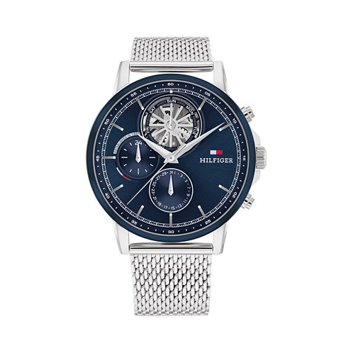 Tommy Hilfiger Mens Multifunction Silver-Tone Stainless Steel Mesh Watch 44mm