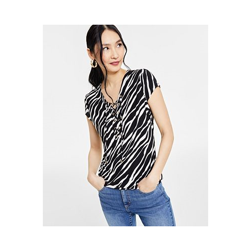 I.N.C. International Concepts Petite Animal-Print Lace-Up-Neck Top