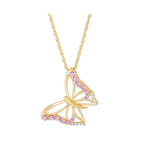 Macys Lab-Grown Pink Sapphire (3/8 ct. t.w.) & Lab-Grown White Sapphire (1/20 ct. t.w.) Butterfly Pendant Necklace in 14k Gold-Plated Sterling Silver 16 + 2 extender