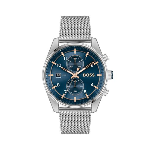 Hugo Boss Mens Skytraveller Quartz Fashion Chrono Silver-Tone Stainless Steel Watch 44mm