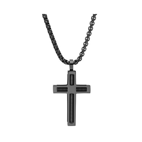 STEELTIME Mens Black IP Stainless Steel Spring Inlay Cross 24 Pendant Necklace