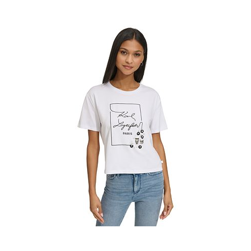 KARL LAGERFELD PARIS Womens Embellished Logo Short-Sleeve T-Shirt