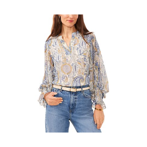 Vince Camuto Womens Printed Split Neck Balloon-Sleeve Top