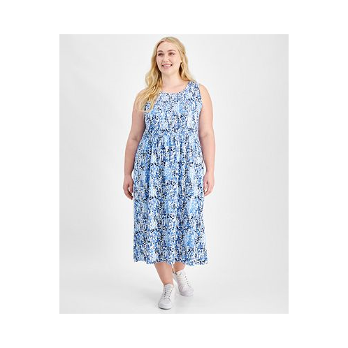 Tommy Hilfiger Plus Size Smocked-Bodice Floral-Print Dress