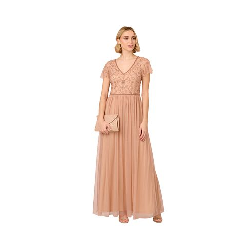 Adrianna Papell Womens Bead Embellished V-Neck Gown