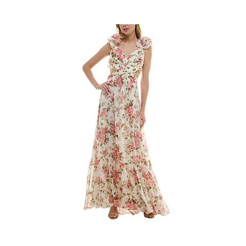B Darlin Juniors Floral-Print Strappy-Back Ruffled Gown