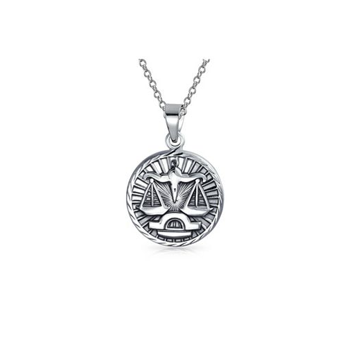 Bling Jewelry Libra Zodiac Sign Astrology Horoscope Round Medallion Pendant For Men Women Necklace Antiqued Sterling Silver