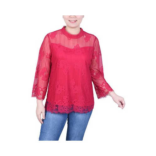 NY Collection Womens 3/4 Sleeve Lace Blouse
