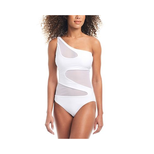 Bar III Womens One-Shoulder Mesh Cutout Swimsuit