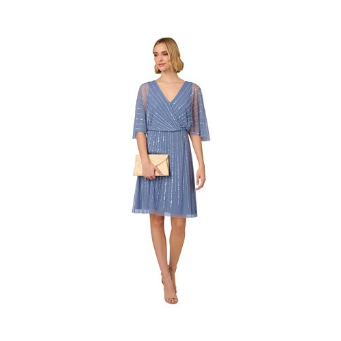 Adrianna Papell Bead Embellished Flutter-Sleeve A-Line Dress