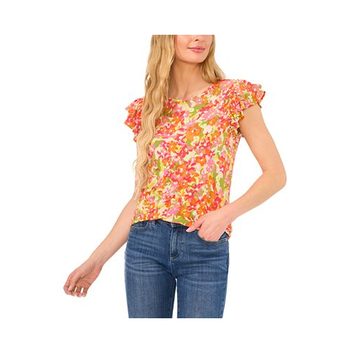 CeCe Womens Floral Print Double Ruffled Sleeve Crewneck Knit Top