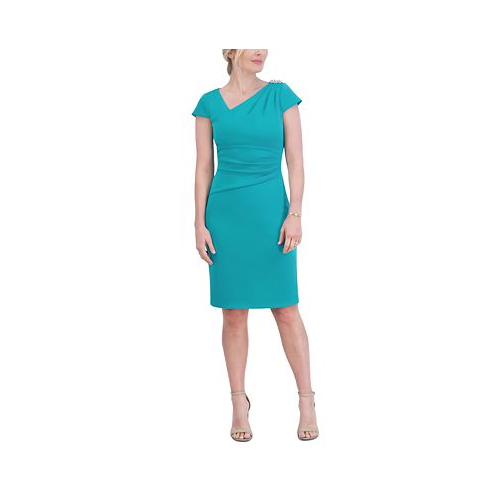 Jessica Howard Womens Asymmetric-Neck Embellished-Shoulder Dress
