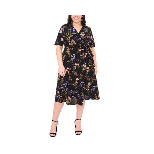 MSK Plus Size Floral-Print Wrap Midi Dress