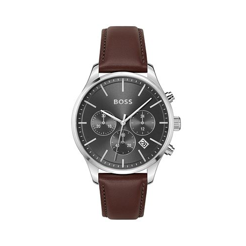Hugo Boss Mens Chronograph Avery Brown Leather Strap Watch 42mm