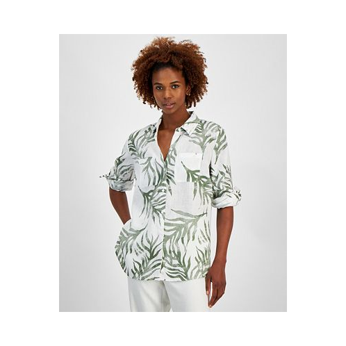 Charter Club Womens 100% Linen Botanical-Print Shirt