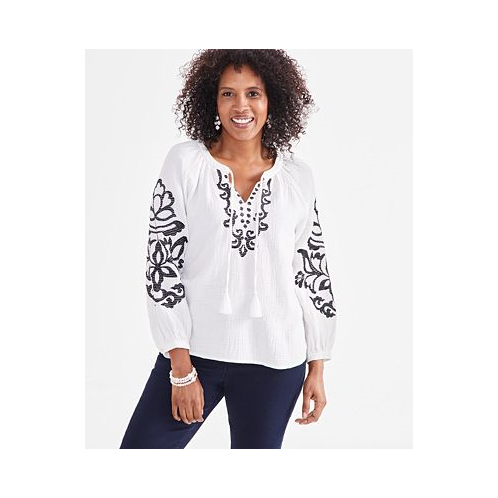 Style & Co Womens Split-Neck Long-Sleeve Embroidery Peasant Blouse