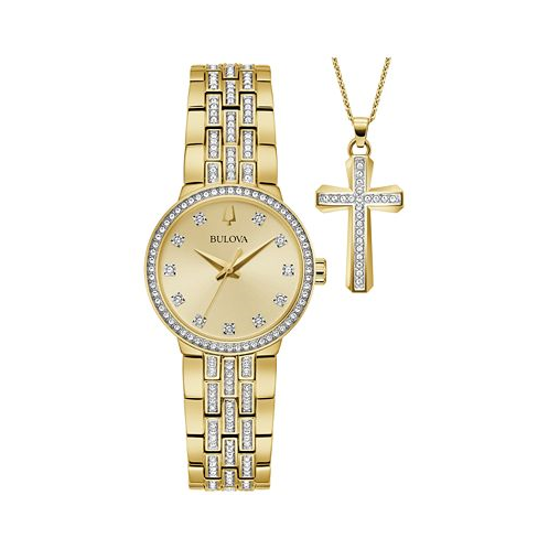 Bulova Womens Crystal Gold-Tone Stainless Steel Bracelet Watch 29mm Gift Set