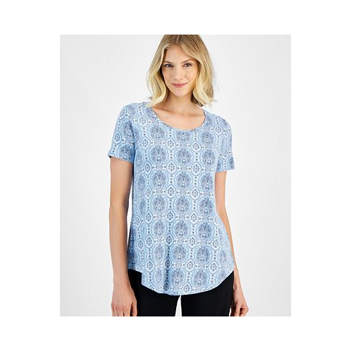 JM Collection Womens Printed Scoop-Neck Short-Sleeve Top