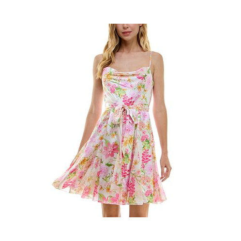 City Studios Juniors Floral-Print Cowlneck Godet-Pleat Dress