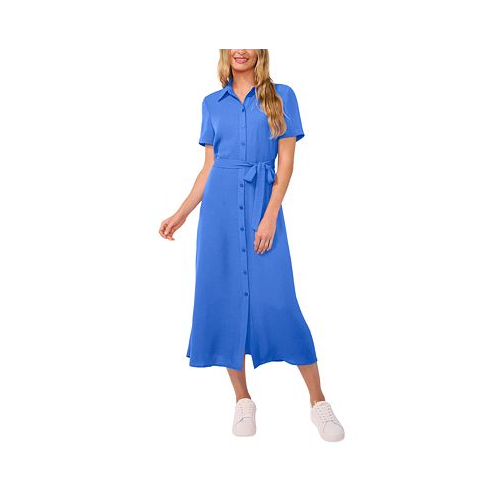 CeCe Womens Short-Sleeve Belted Midi Shirtdress