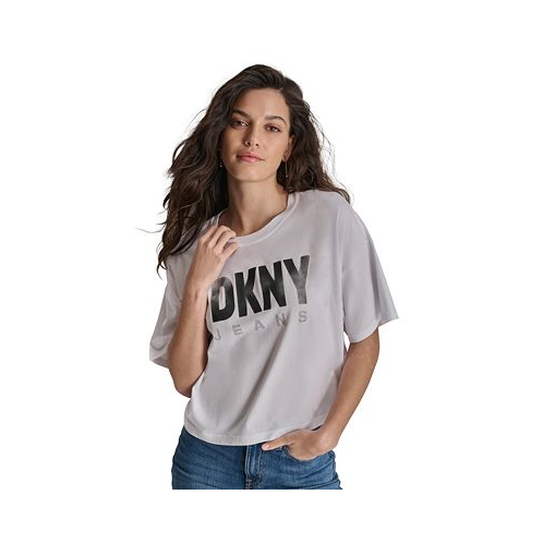 DKNY Jeans Womens Embellished Logo Short-Sleeve T-Shirt