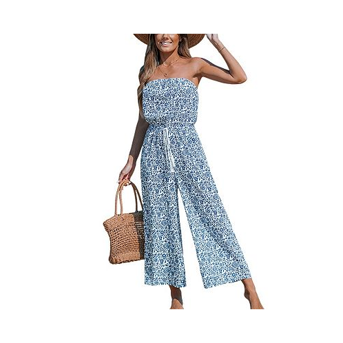 CUPSHE Womens Blue Floral Swirl Tube Top Wide Leg Jumpsuit