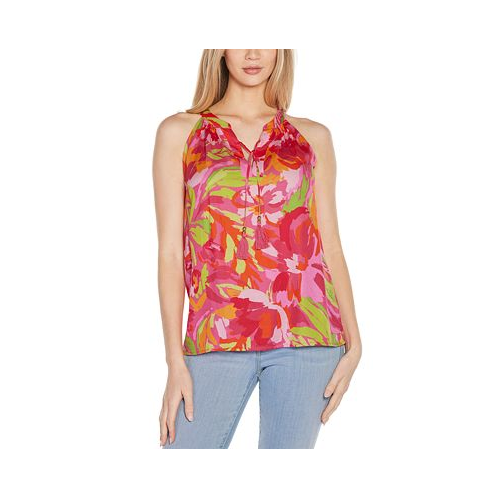 Belldini Womens Abstract Floral Tie-Neck Sleeveless Top
