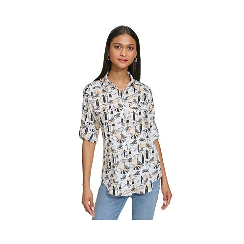 KARL LAGERFELD PARIS Womens Whimsical-Print Roll-Tab Button-Front Top
