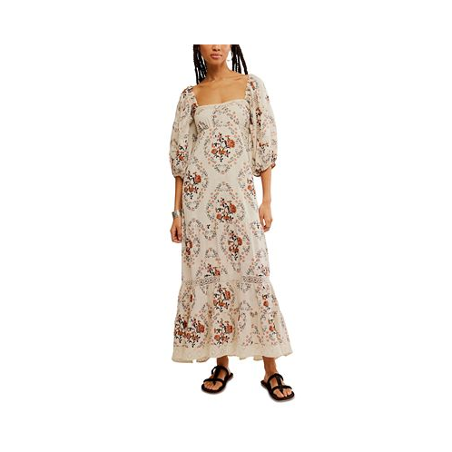 Free People Womens All The Attitude Printed Lace-Trim Balloon-Sleeve Cotton Maxi Dress