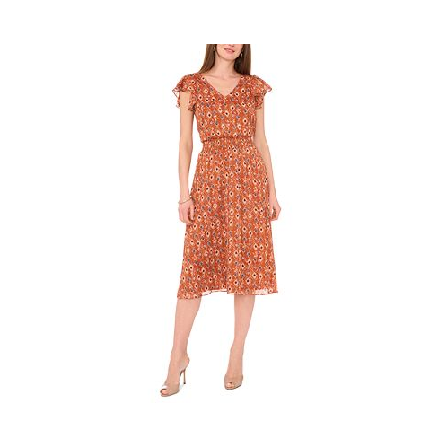 Vince Camuto Womens Printed Flutter-Sleeve Midi Dress