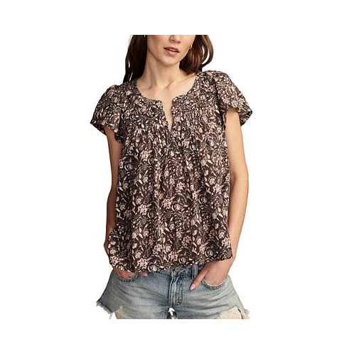 Lucky Brand Womens Cotton Smocked Flutter-Sleeve Top