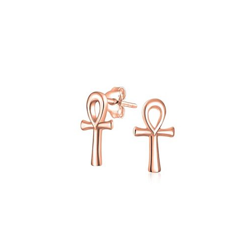 Bling Jewelry Minimalist Petite Delicate Religious Symbol of Life Egyptian Ankh Cross Stud Earrings For Women For Men Rose Gold 2.5 Microns Vermeil Sterling Silver