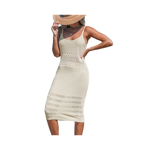 CUPSHE Womens Beige Waffle Knit Scoop Neck Sleeveless Midi Cover-Up