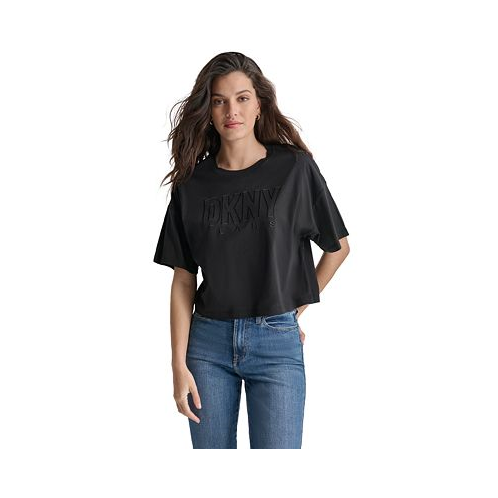 DKNY Jeans Womens Cropped-Fit Short-Sleeve Logo T-Shirt