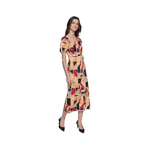 KARL LAGERFELD PARIS Womens Geo-Print Square-Neck Puff-Sleeve Maxi Dress