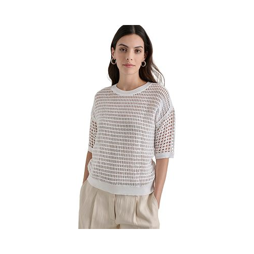 DKNY Womens Round-Neck Short-Sleeve Open-Crochet Sweater