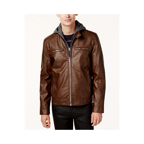 GUESS Mens Faux-Leather Detachable-Hood Motorcycle Jacket