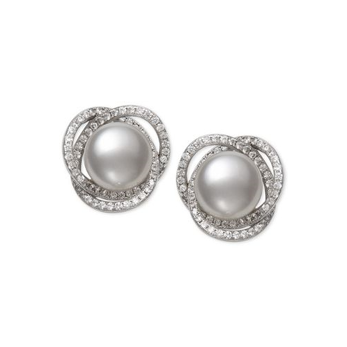 Macys Cultured Freshwater Pearl (9mm) & Cubic Zirconia Spiral Stud Earrings in Sterling Silver