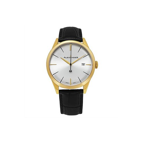 Stuhrling Alexander Watch A911-07 Stainless Steel Yellow Gold Tone Case on Black Embossed Genuine Leather Strap
