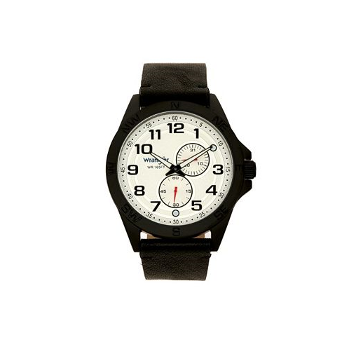 Wrangler Mens Watch 48MM Black Case Compass Directions on Bezel White Dial Black Arabic Numerals Multi-Function Date and Second Hand Subdials Black Strap