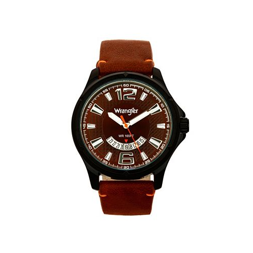 Wrangler Mens Watch 48MM IP Black Case Brown Zoned Dial with White Markers and Crescent Cutout Date Function Brown Strap with Red Accent Stitch Analog Red Second Hand