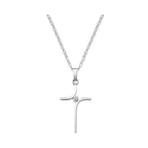 Macys Sterling Silver Necklace Curved Cross and Diamond Accent Pendant