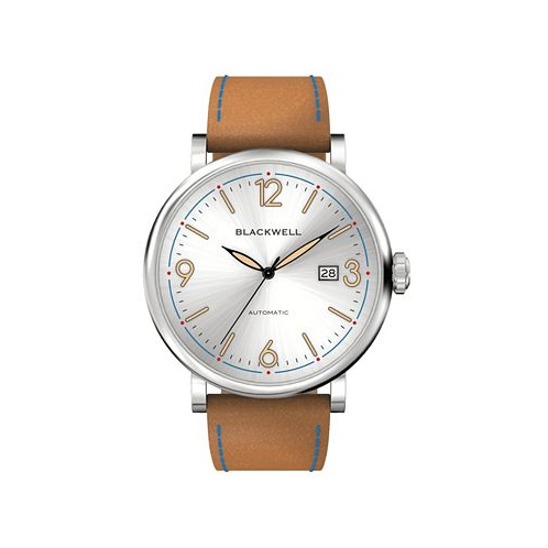BLACKWELL White Silver Tone Dial with Silver Tone Steel and Bright Brown Leather Watch 44 mm