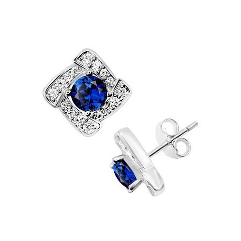 Essentials Blue Glass & Cubic Zirconia Square Halo Stud Earrings in Silver-Plate