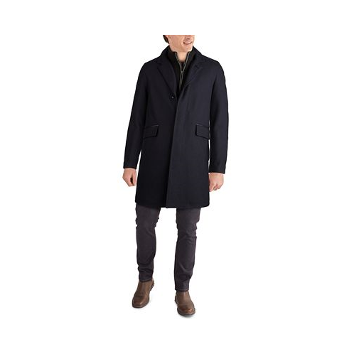 Cole Haan Mens Layered Look Classic-Fit Twill Topcoat with Faux-Leather Trim