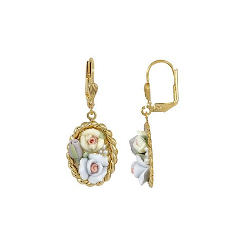2028 Womens Gold Tone Blue and Ivory Porcelain Flower Drop Earrings