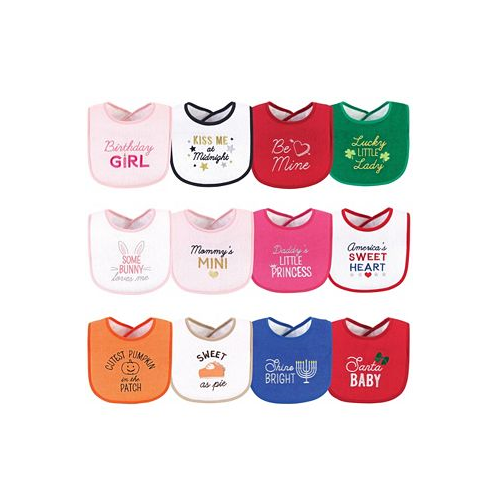 Hudson Baby Infant Girl Cotton Terry Drooler Bibs with Fiber Filling 12pk Cute Girl Holiday Sayings One Size
