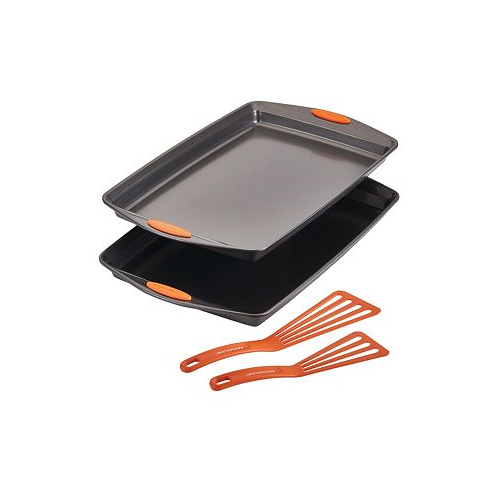 Rachael Ray Bakeware Oven Lovin Nonstick Double Batch Cookie Pan and Utensil Set 4-Pc. Orange Handles