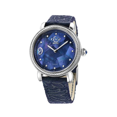 Gevril Womens Ravenna Floral Swiss Quartz Blue Italian Leather Strap Watch 37mm