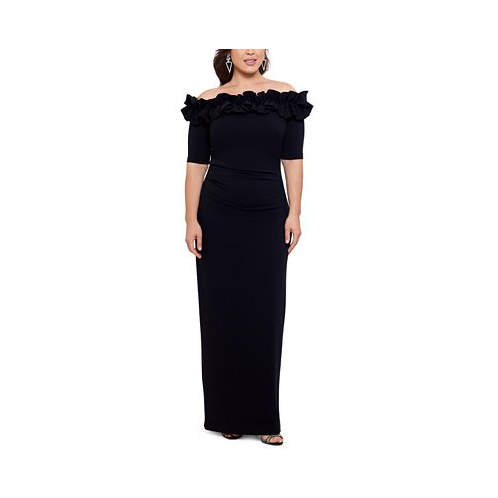 XSCAPE Plus Size Ruffled Off-The-Shoulder Gown